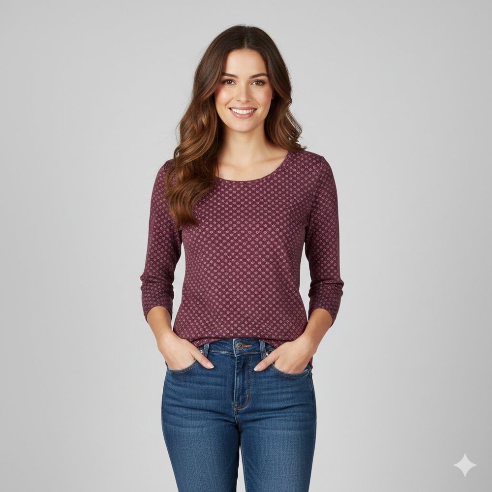 L.L.Bean Burgundy Top with Dots in 100% Supima Cotton and 3/4 Sleeves Size L